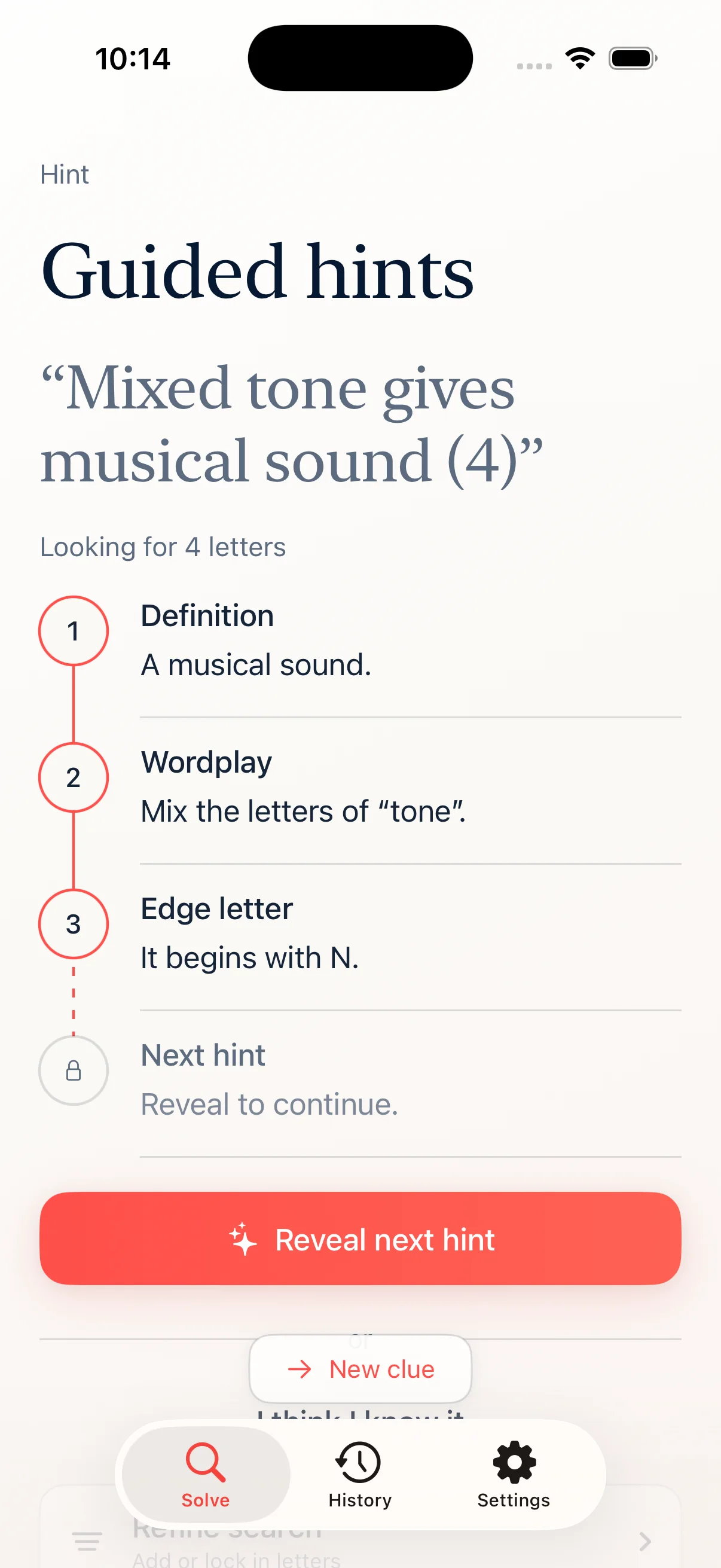 Crossy guided hints showing the definition, wordplay, and first letter for an original cryptic clue