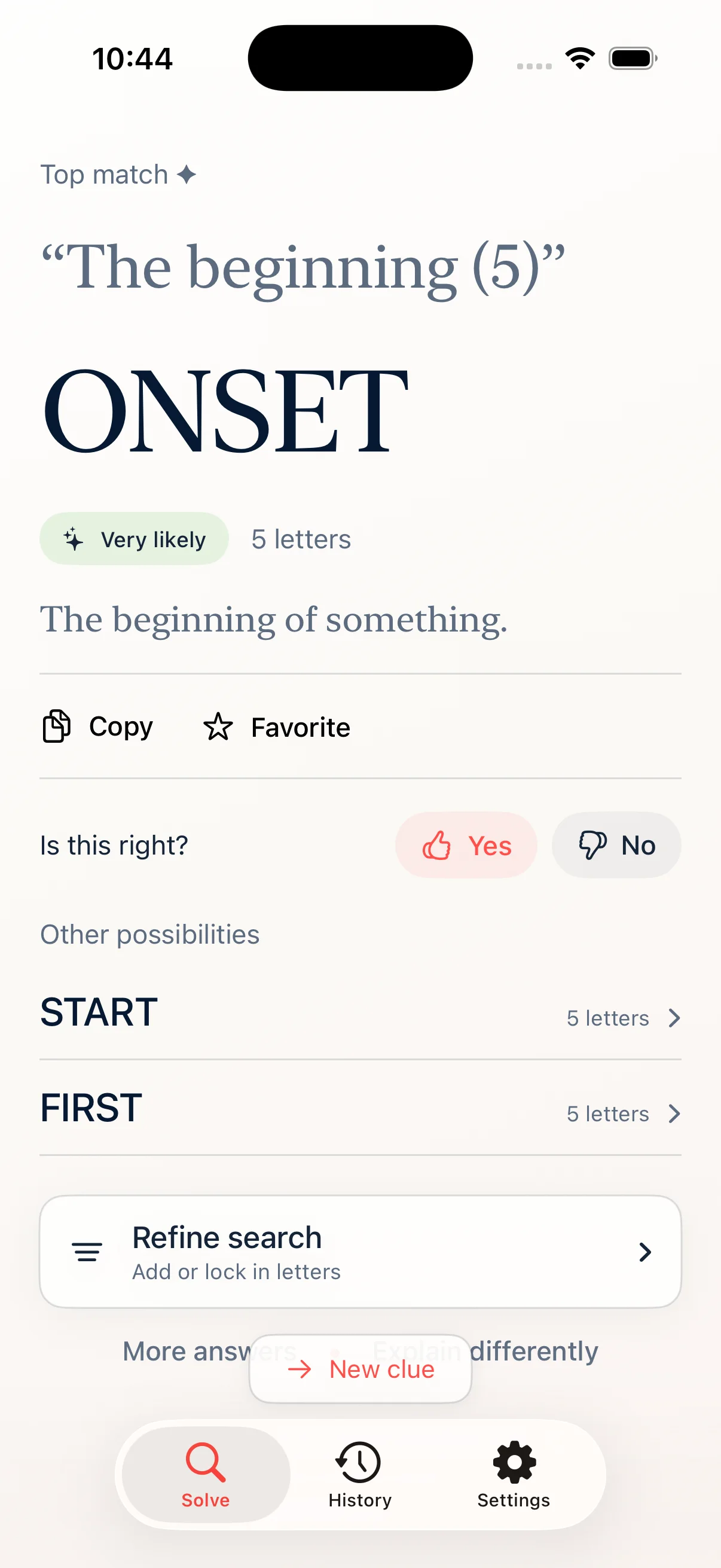 Crossy answer screen showing ONSET as the top match for The beginning, with START and FIRST as other five-letter possibilities