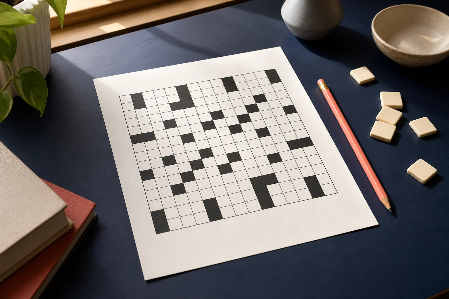 Blank crossword grid and tiles on a sunlit desk