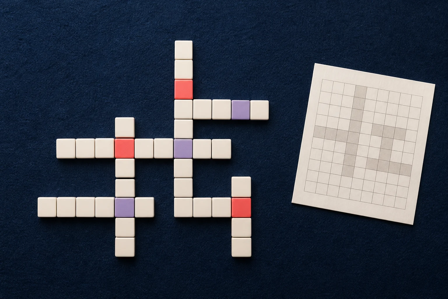 Intersecting blank tiles showing crossword letter patterns