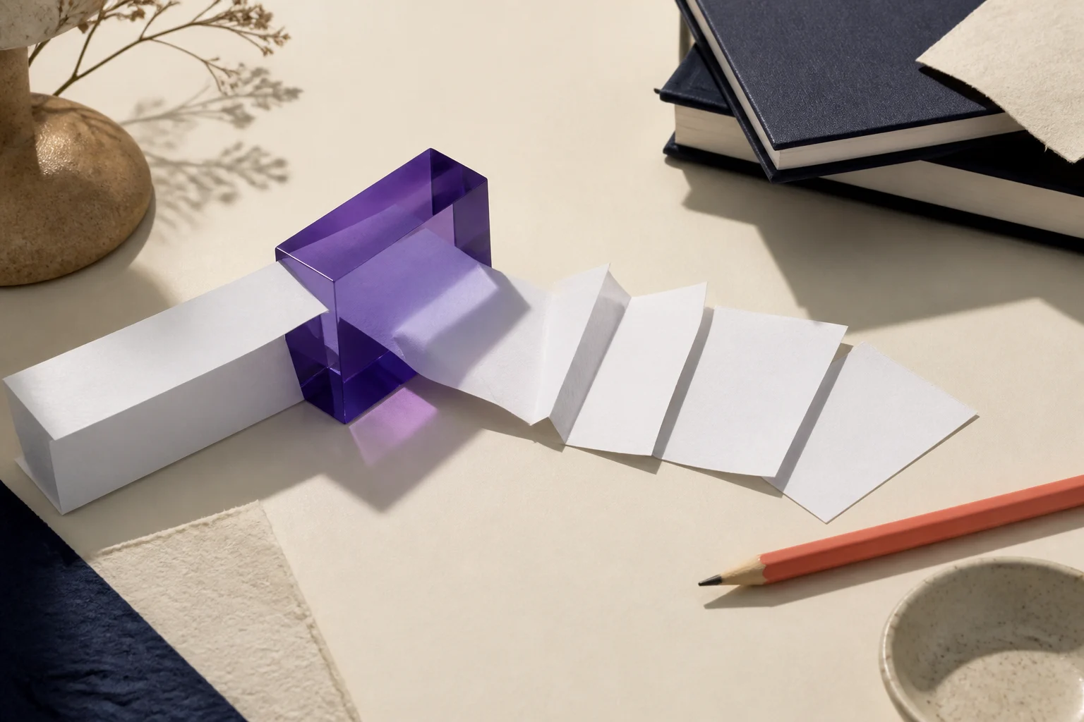 Folded blank paper passing through a violet prism