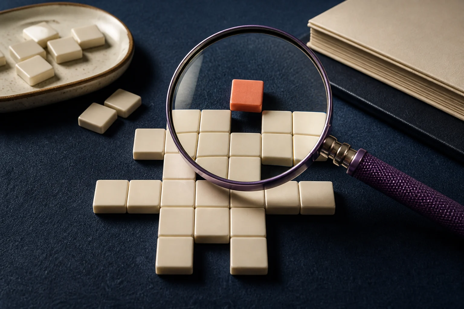 Misaligned crossword tile beneath a magnifying glass