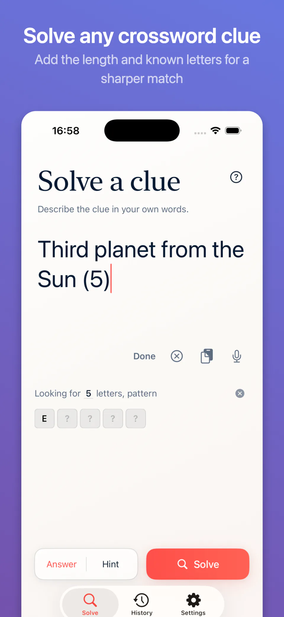 Crossy clue entry screen showing answer length and known-letter refinement