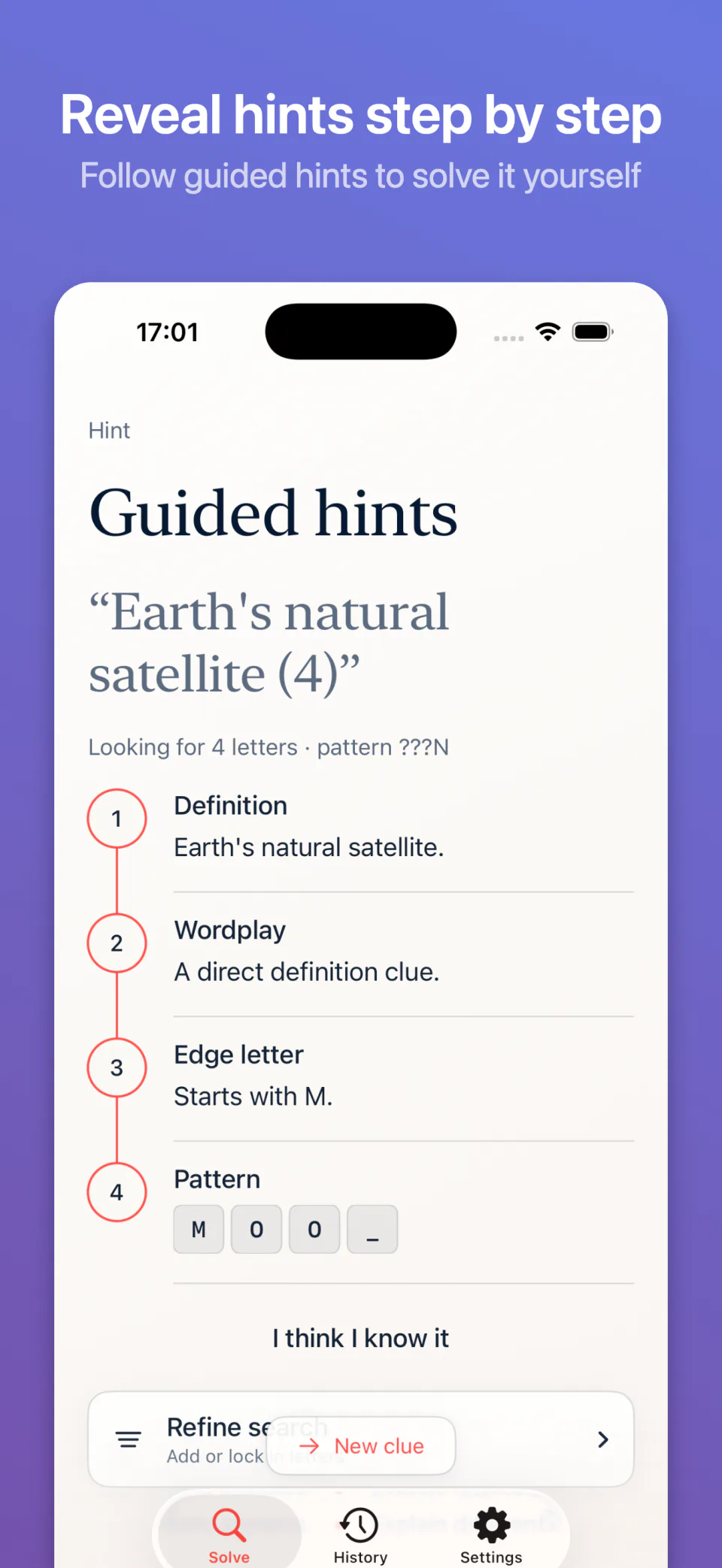 Reveal guided crossword hints one step at a time