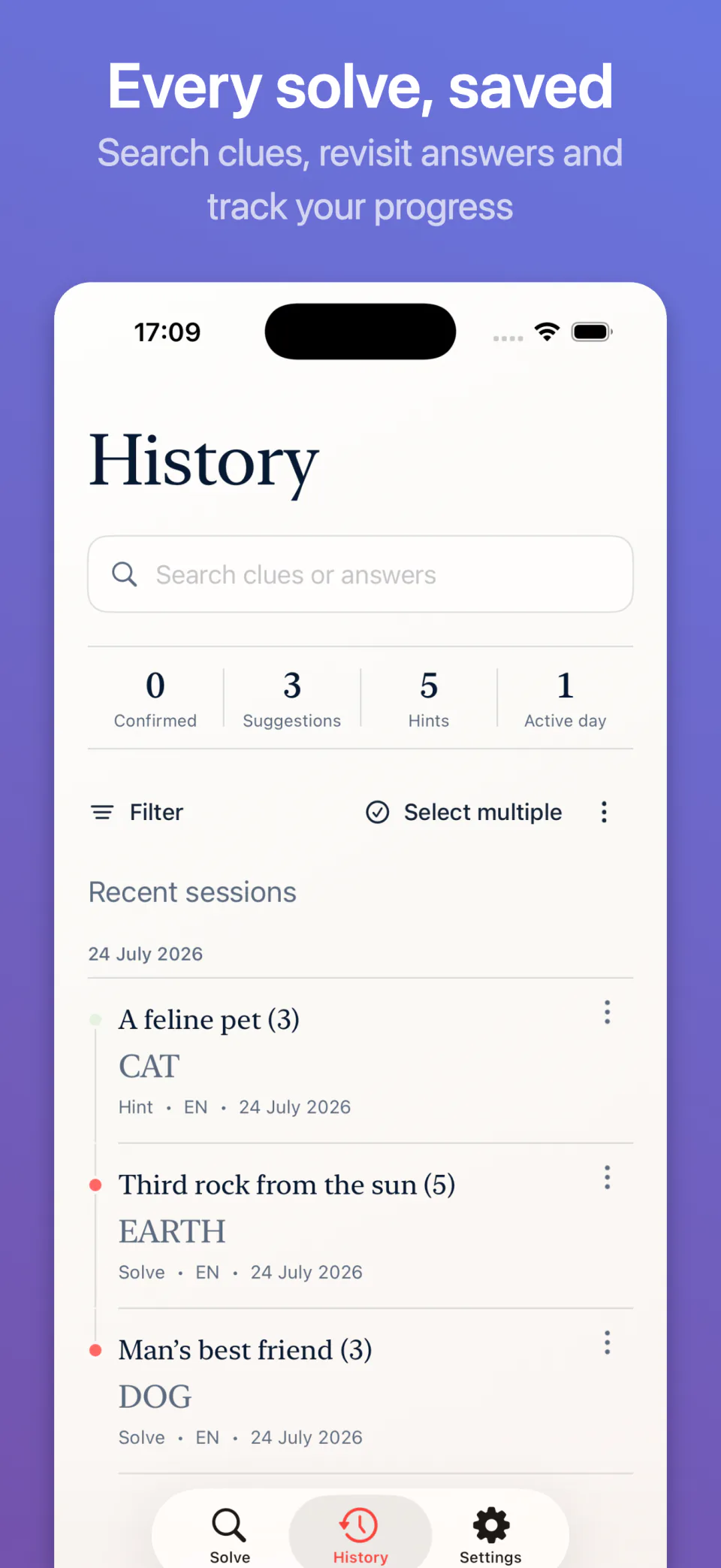 Search saved crossword clues and revisit previous answers